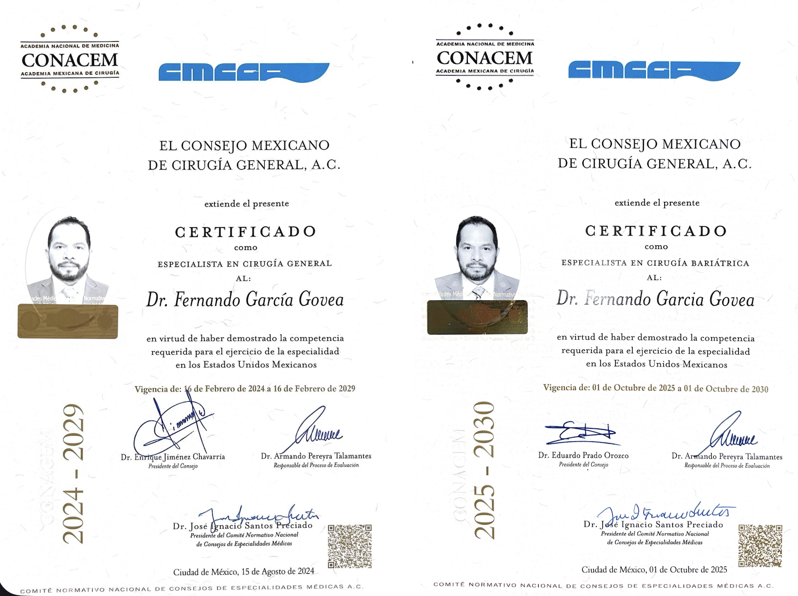 Dr. Fernando Garcia Govea CONACEM certifications in general and bariatric surgery