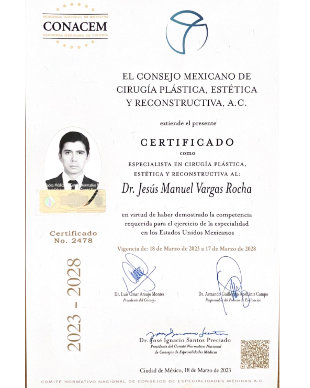 Dr. Jesús Manuel Vargas Rocha Mexican Council certification number 2478