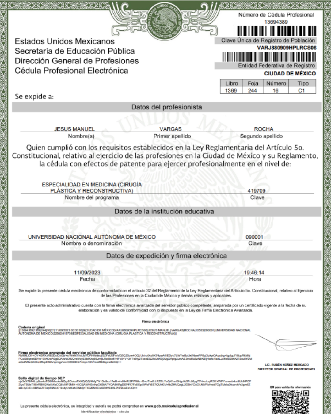 Dr. Jesús Manuel Vargas Rocha professional specialty license number 13694389