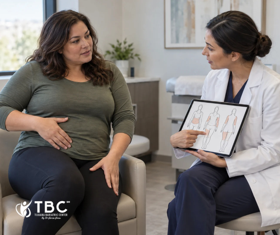 Consultation discussing abdominal, arm and thigh contour concerns after major weight loss