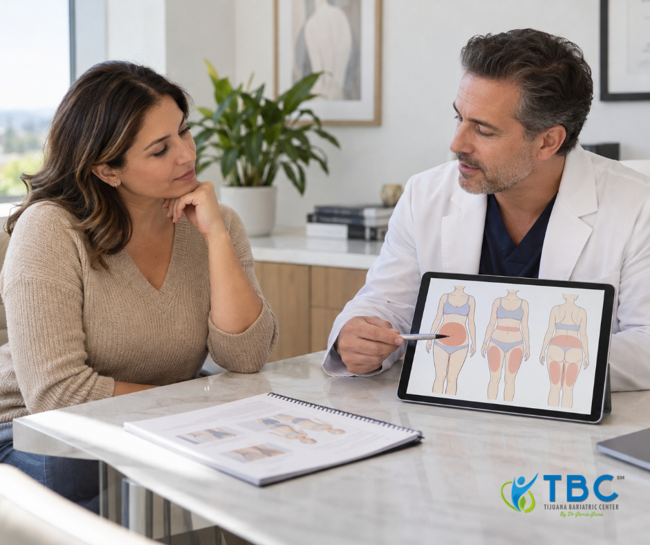 Patient discussing tummy tuck and post-bariatric body contouring options with a plastic surgeon