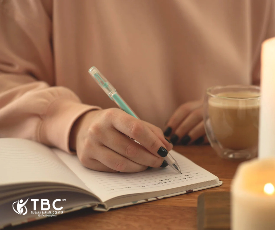 Patient reviewing a personal weight history journal after gastric sleeve surgery